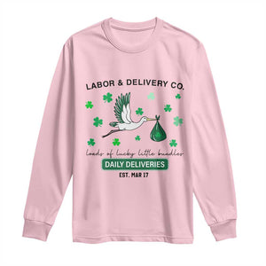 St Patrick's Day Lucky L&D Nurse Long Sleeve Shirt Labor And Delivery Shamrock TS02 Light Pink Print Your Wear