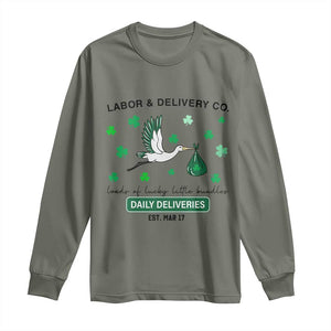 St Patrick's Day Lucky L&D Nurse Long Sleeve Shirt Labor And Delivery Shamrock TS02 Military Green Print Your Wear