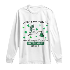 St Patrick's Day Lucky L&D Nurse Long Sleeve Shirt Labor And Delivery Shamrock TS02 White Print Your Wear