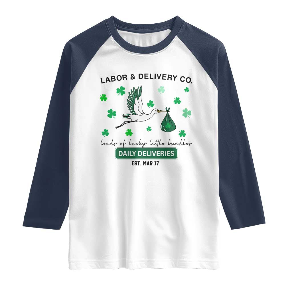 St Patrick's Day Lucky L&D Nurse Raglan Shirt Labor And Delivery Shamrock TS02 White Navy Print Your Wear
