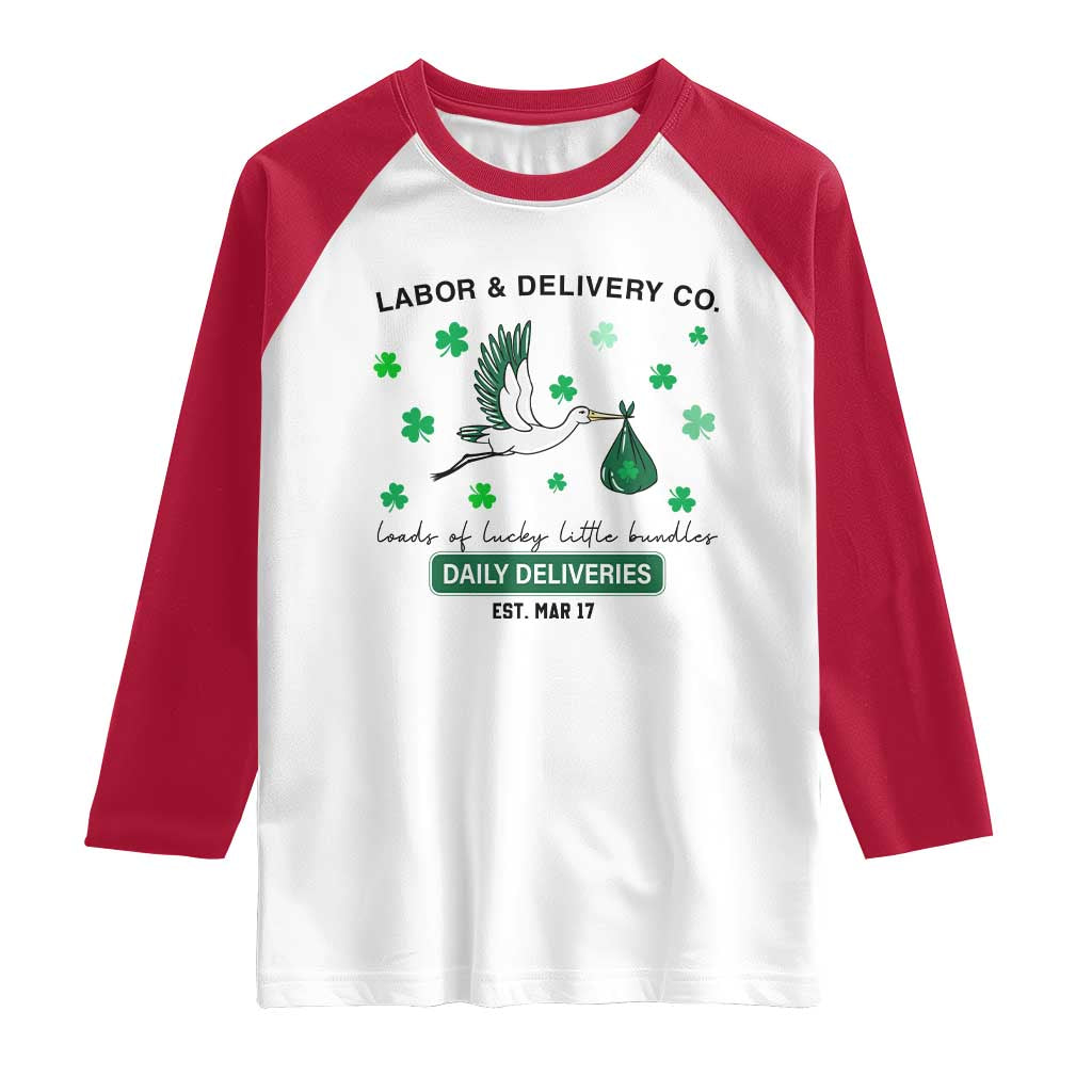 St Patrick's Day Lucky L&D Nurse Raglan Shirt Labor And Delivery Shamrock TS02 White Red Print Your Wear