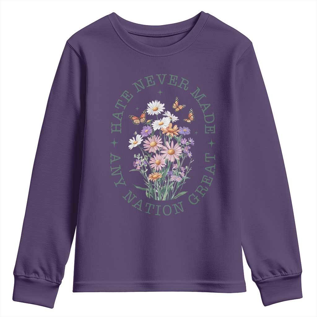 Hate Never Made Any Nation Great Youth Sweatshirt Botanical Floral Butterflies Retro TS02 Purple Print Your Wear