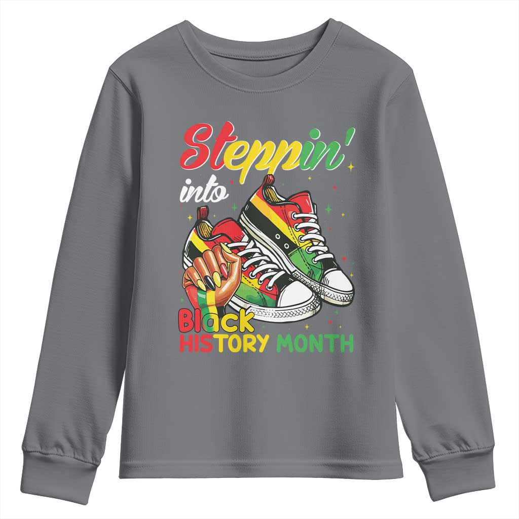 Stepping Into Black History Month Youth Sweatshirt Black Girls Sneakers TS02 Charcoal Print Your Wear
