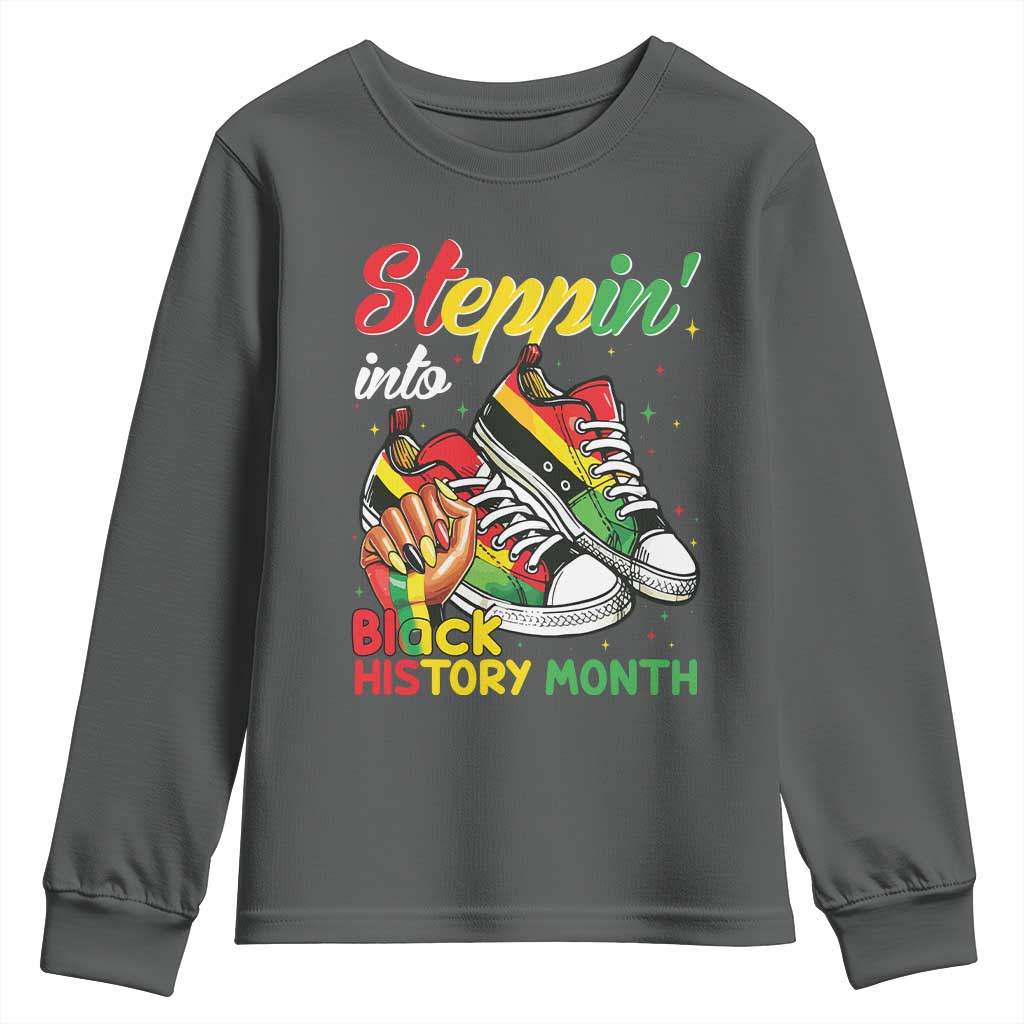 Stepping Into Black History Month Youth Sweatshirt Black Girls Sneakers TS02 Dark Heather Print Your Wear