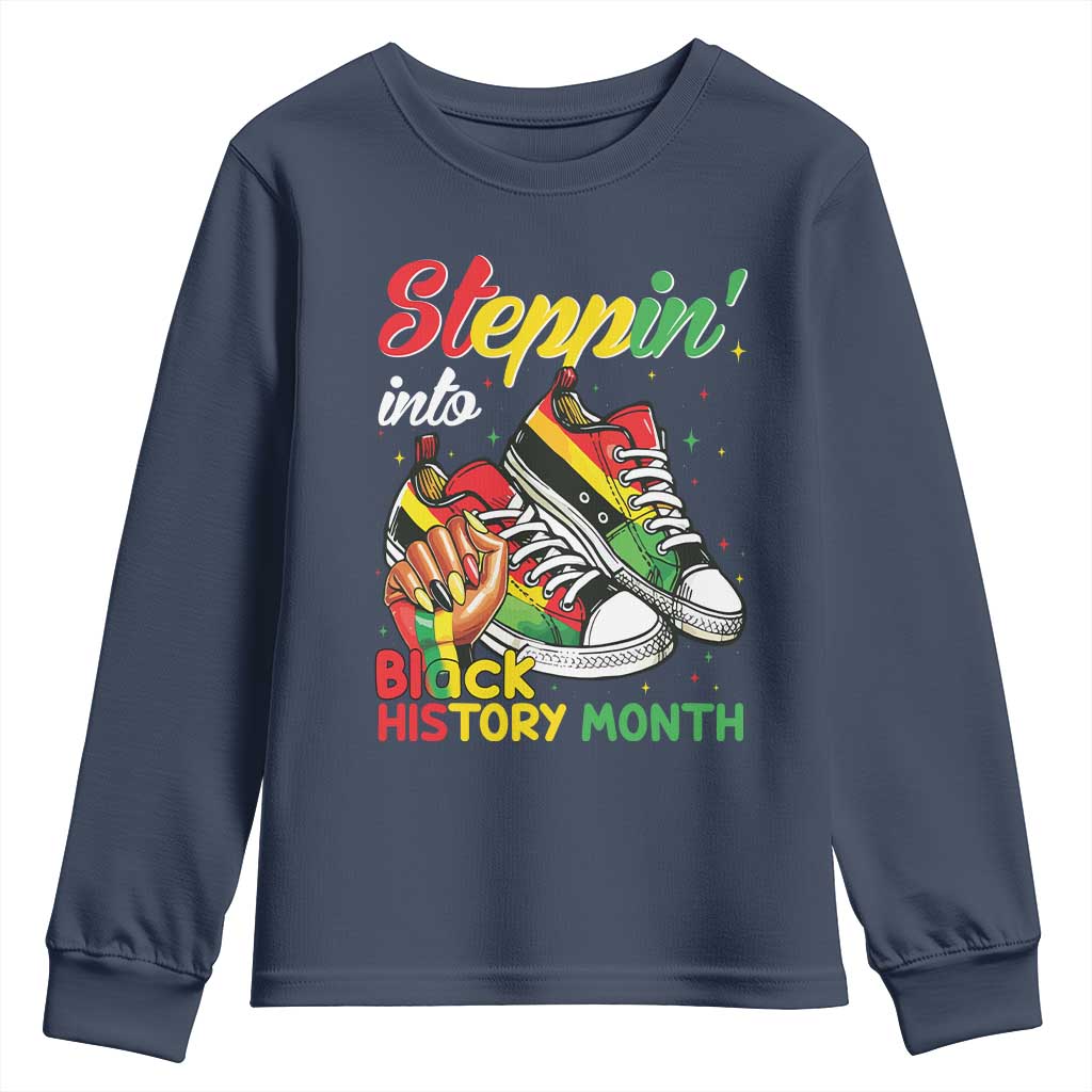 Stepping Into Black History Month Youth Sweatshirt Black Girls Sneakers TS02 Navy Print Your Wear