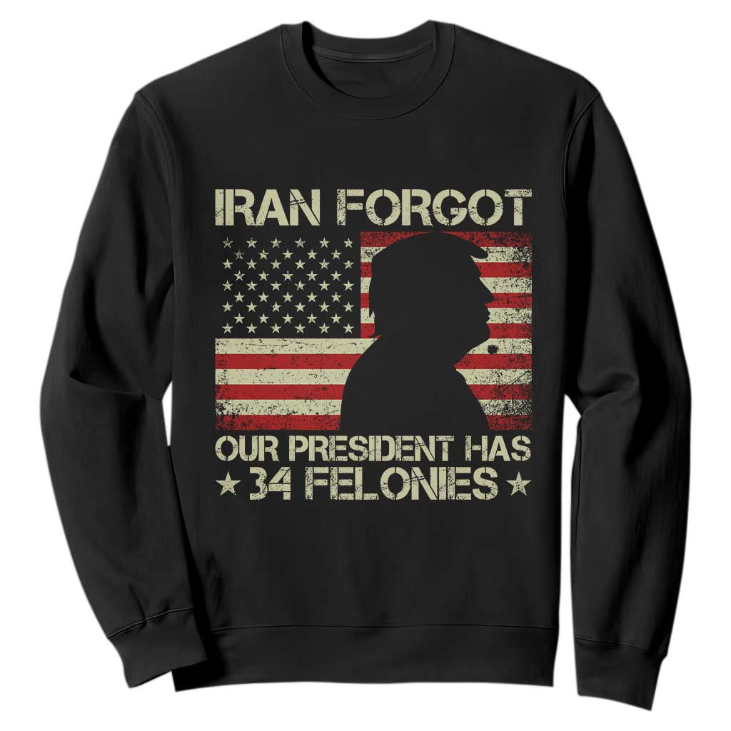 Iran Forgot Our President Has 34 Felonies Sweatshirt Funny Political Satire Patriotic Flag TS02 Black Print Your Wear