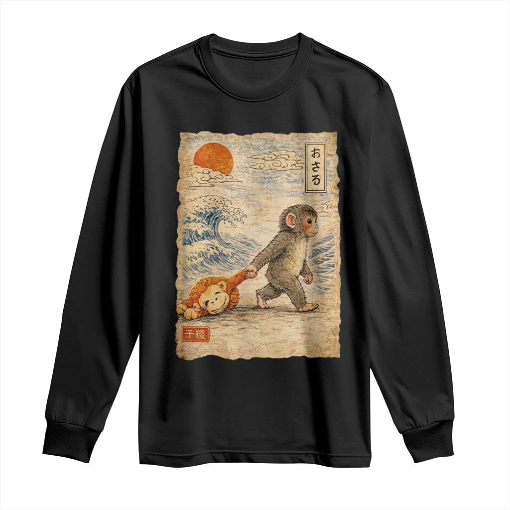 Baby Punch the Monkey Japanese Style Graphic Long Sleeve Shirt Dragging Plush Toy Vintage Art Gift TS02 Black Print Your Wear