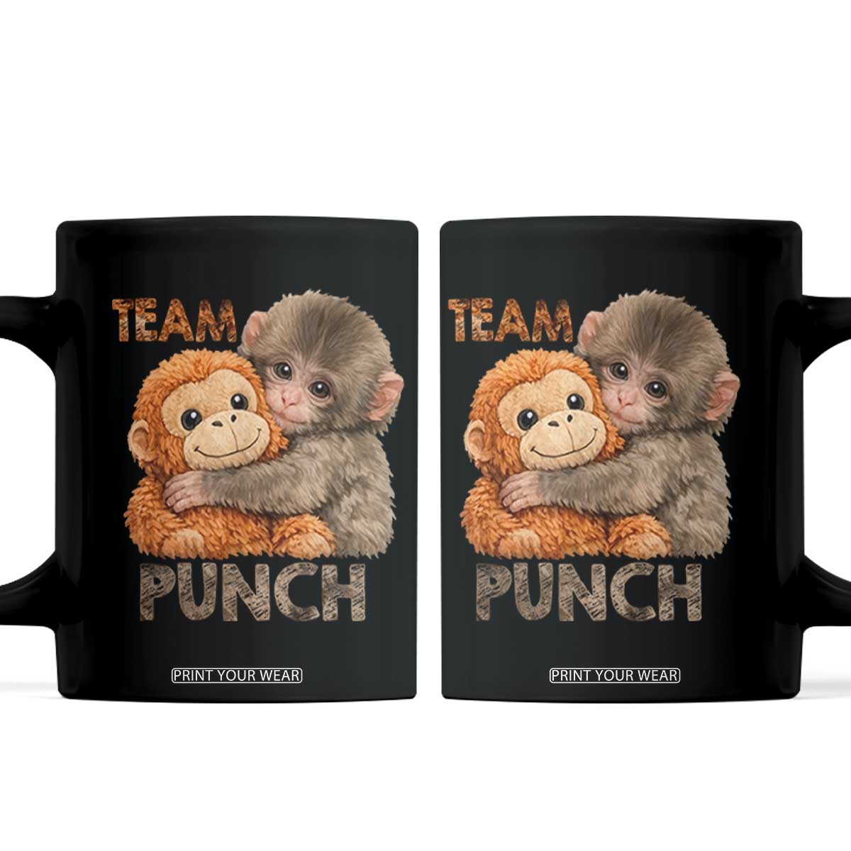 Team Punch Viral Baby Monkey Coffee Mug Cute Monkey Hugging Plush Toy Internet Trend Gift TS02 Black Print Your Wear