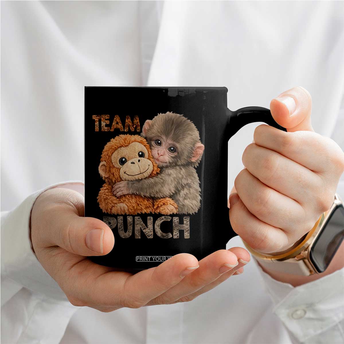 Team Punch Viral Baby Monkey Coffee Mug Cute Monkey Hugging Plush Toy Internet Trend Gift TS02 Print Your Wear