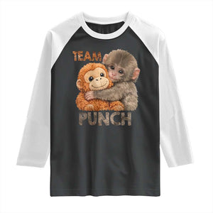Team Punch Viral Baby Monkey Raglan Shirt Cute Monkey Hugging Plush Toy Internet Trend Gift TS02 Black White Print Your Wear