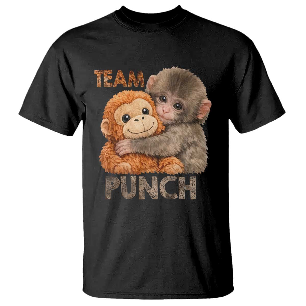 Team Punch Viral Baby Monkey T Shirt Cute Monkey Hugging Plush Toy Internet Trend Gift TS02 Black Print Your Wear