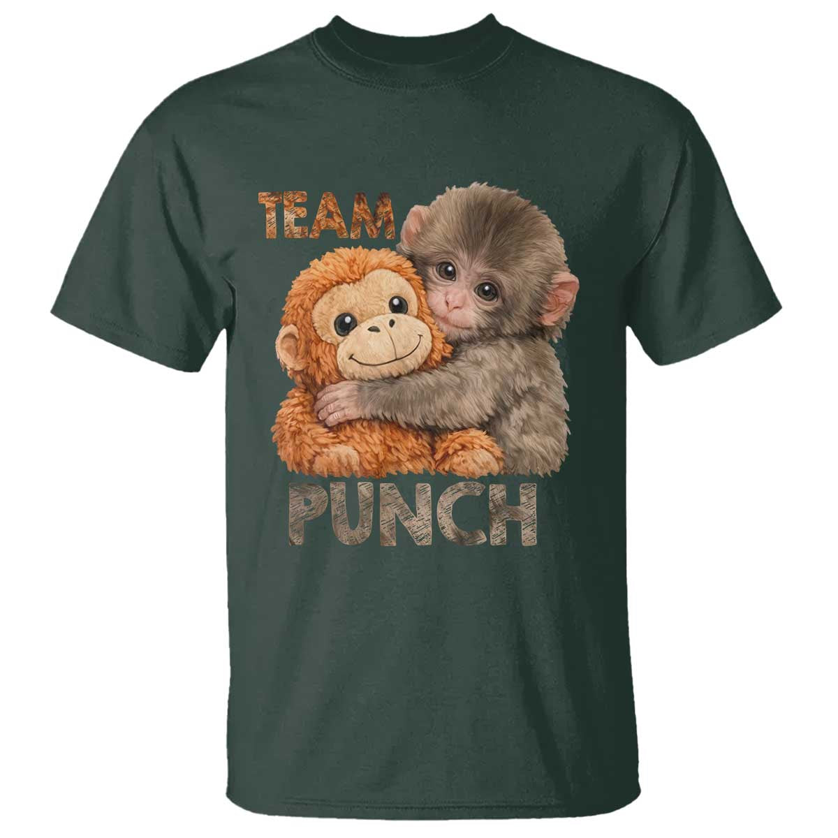 Team Punch Viral Baby Monkey T Shirt Cute Monkey Hugging Plush Toy Internet Trend Gift TS02 Dark Forest Green Print Your Wear