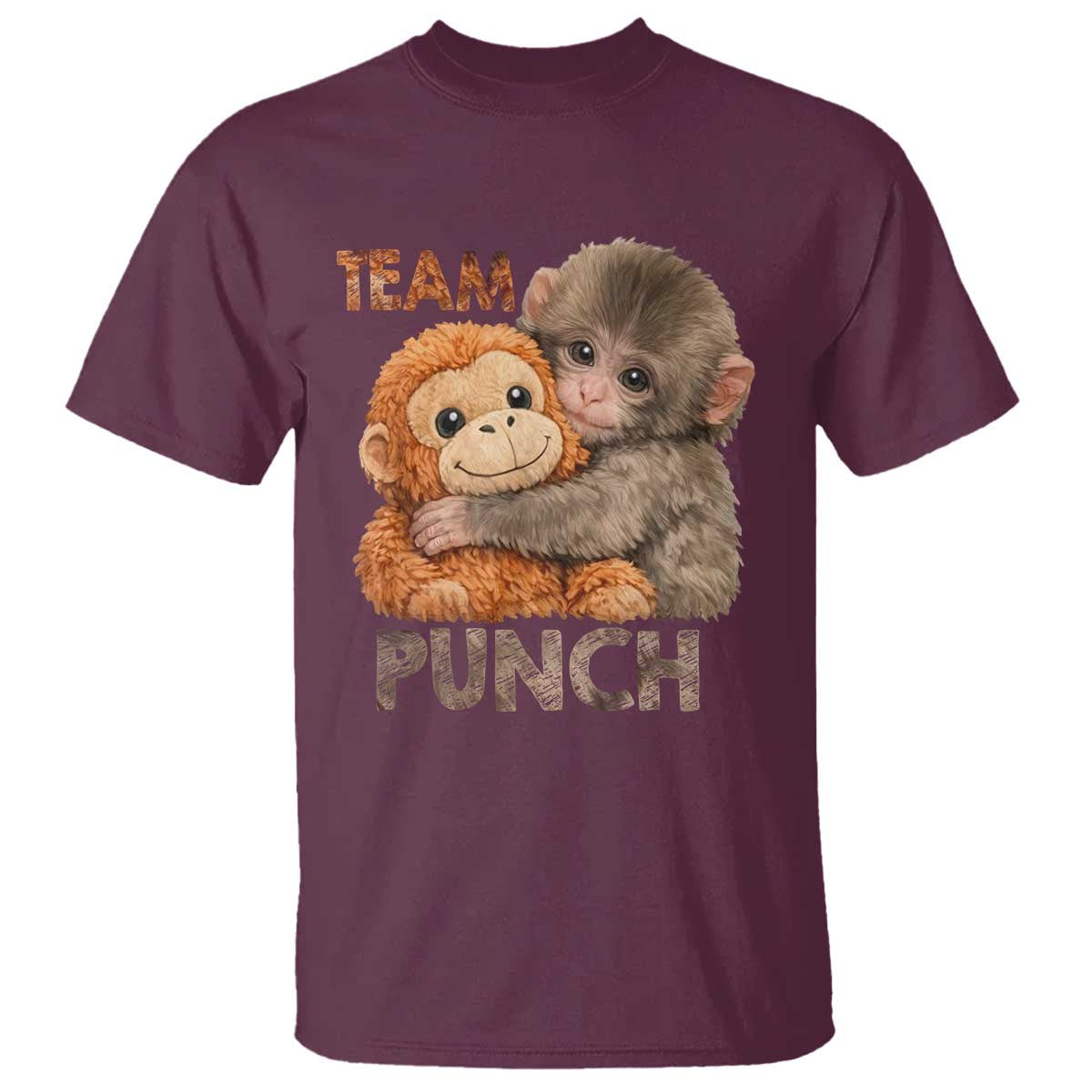 Team Punch Viral Baby Monkey T Shirt Cute Monkey Hugging Plush Toy Internet Trend Gift TS02 Maroon Print Your Wear