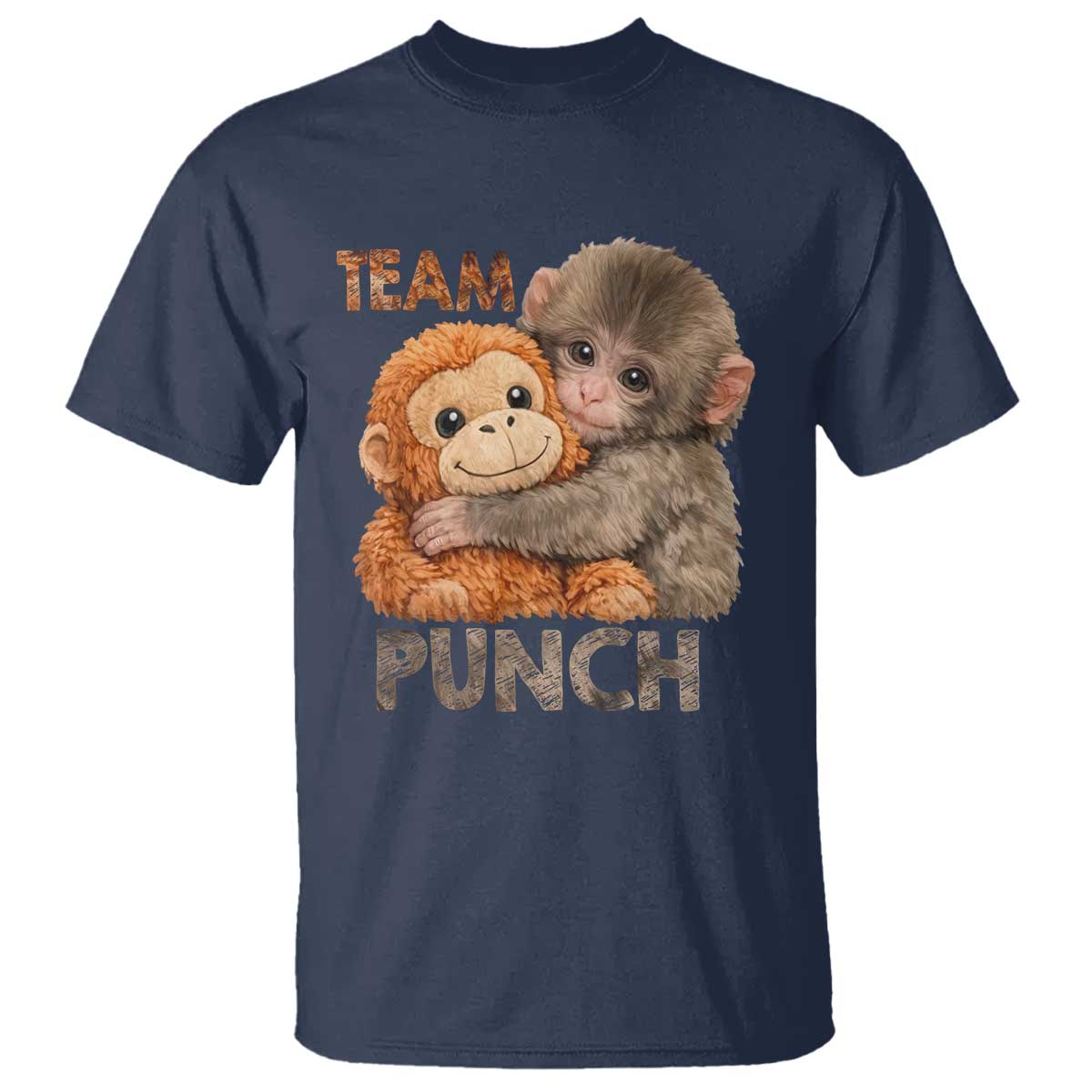 Team Punch Viral Baby Monkey T Shirt Cute Monkey Hugging Plush Toy Internet Trend Gift TS02 Navy Print Your Wear