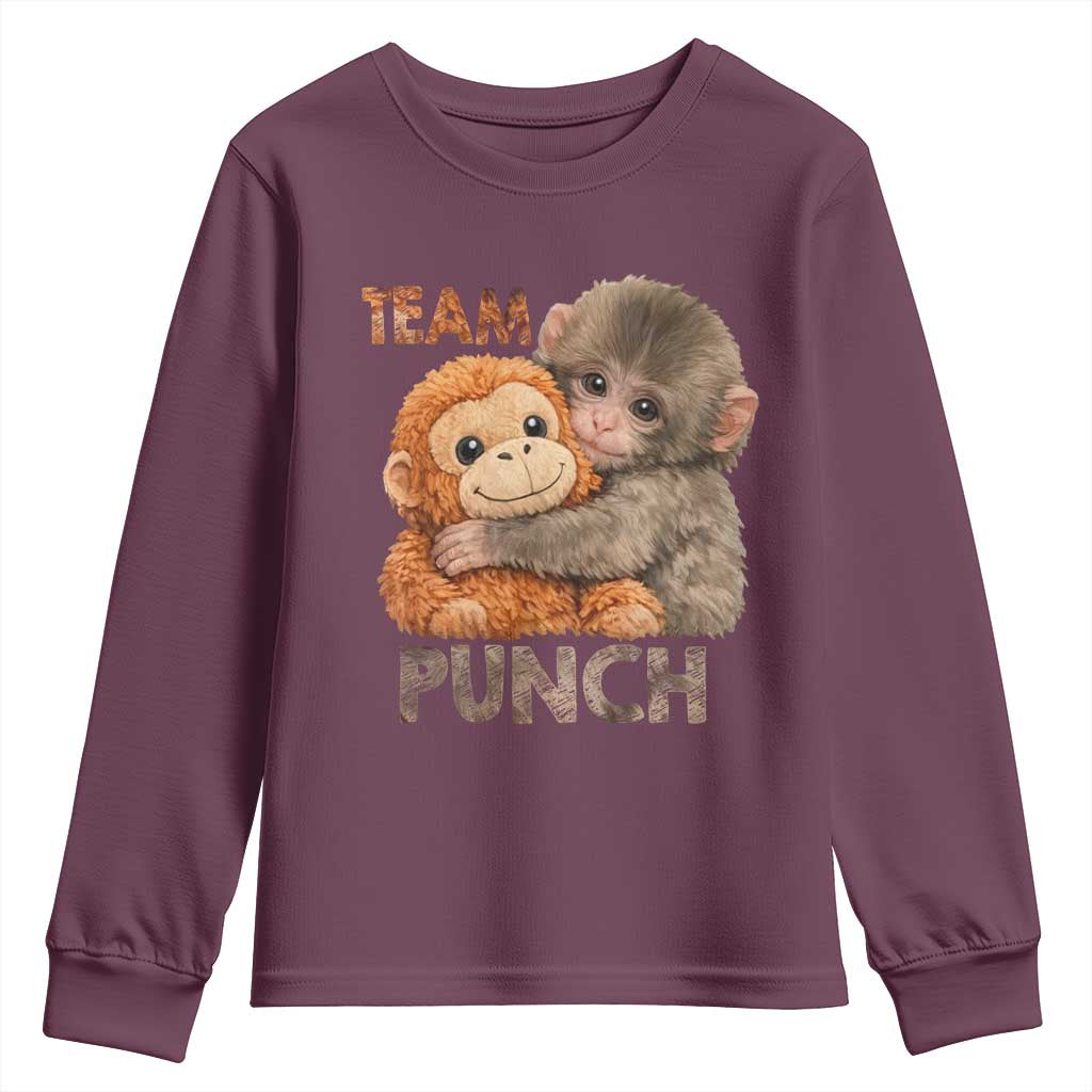 Team Punch Viral Baby Monkey Youth Sweatshirt Cute Monkey Hugging Plush Toy Internet Trend Gift TS02 Maroon Print Your Wear