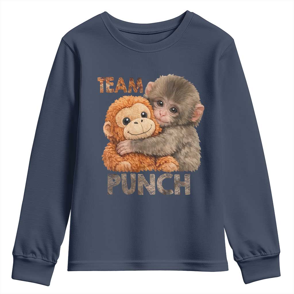 Team Punch Viral Baby Monkey Youth Sweatshirt Cute Monkey Hugging Plush Toy Internet Trend Gift TS02 Navy Print Your Wear