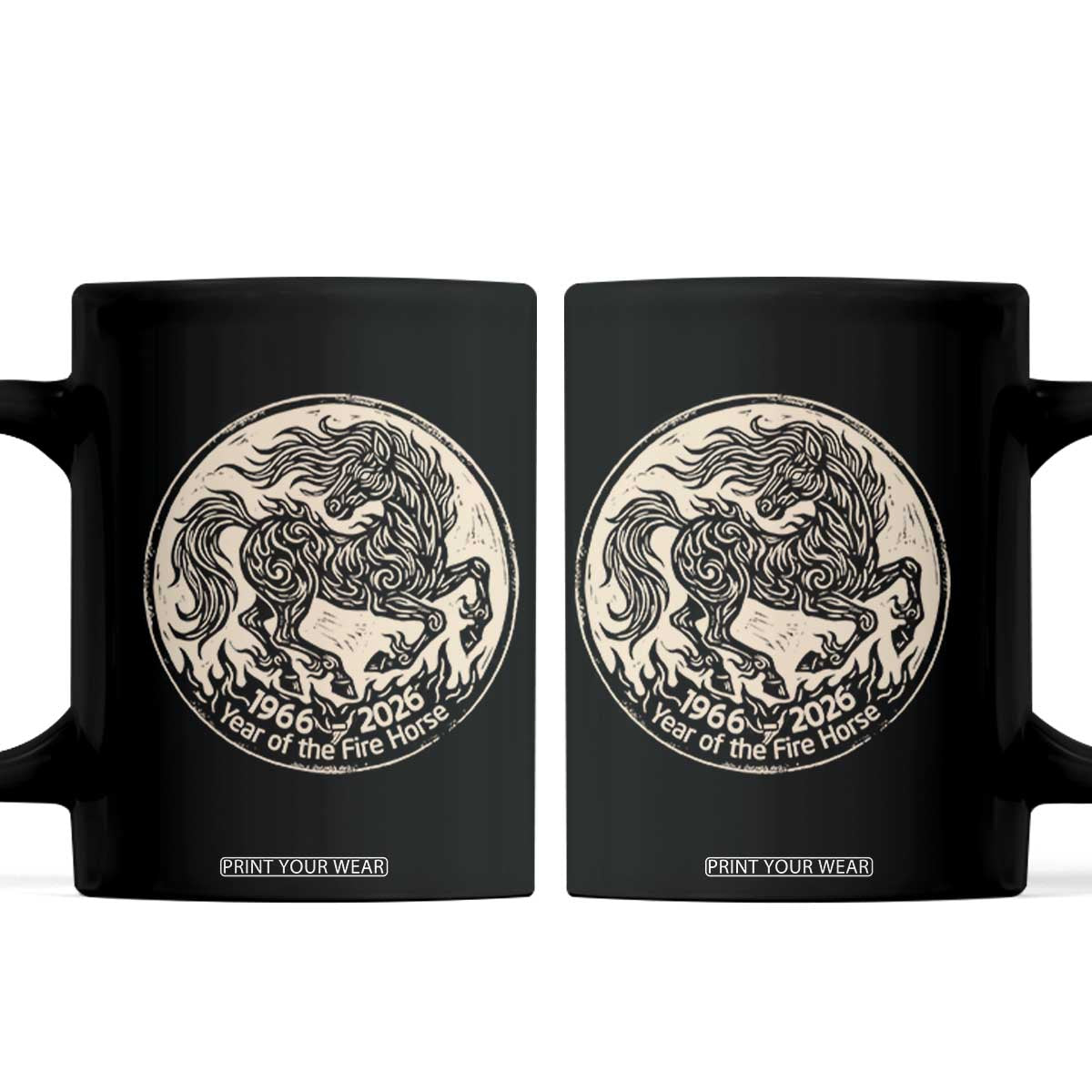 Year of the Fire Horse 1966 2026 Graphic Coffee Mug 60 Years Chinese Zodiac Horse Vintage Style TS02 Black Print Your Wear