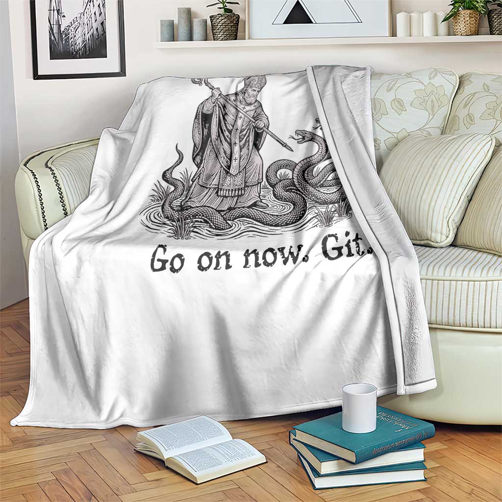 Go On Now Git Funny Saint Patrick Banishing Snakes Throw Blanket Irish History Humor St Patricks Day TS02 Print Your Wear