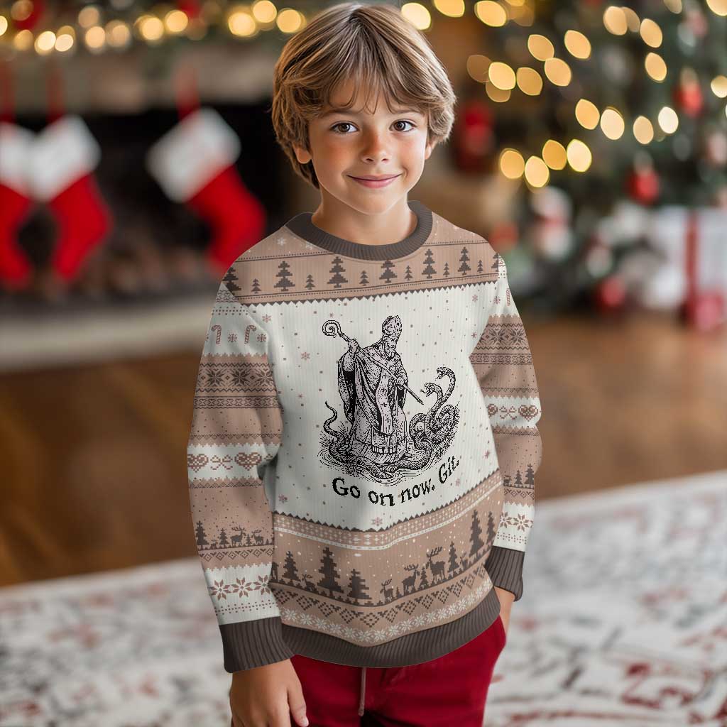 Go On Now Git Funny Saint Patrick Banishing Snakes Ugly Christmas Sweater Irish History Humor St Patricks Day TS02 Mocha Mousse Print Your Wear