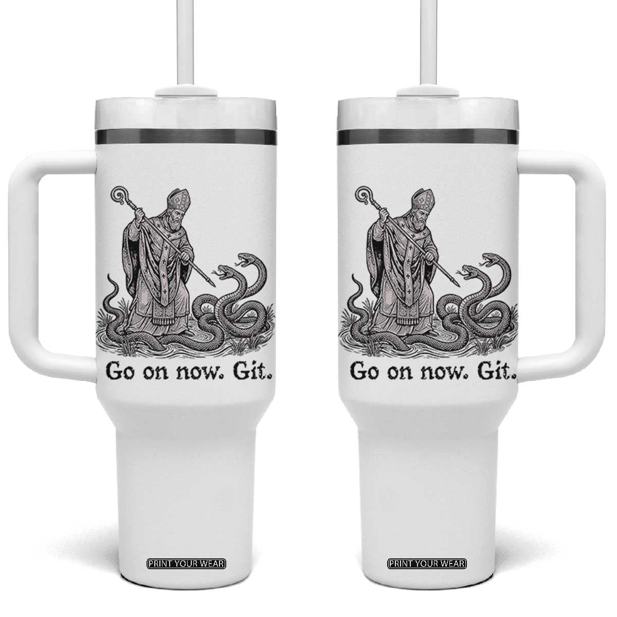 Go On Now Git Funny Saint Patrick Banishing Snakes Tumbler With Handle Irish History Humor St Patricks Day TS02 One Size: 40 oz White Print Your Wear