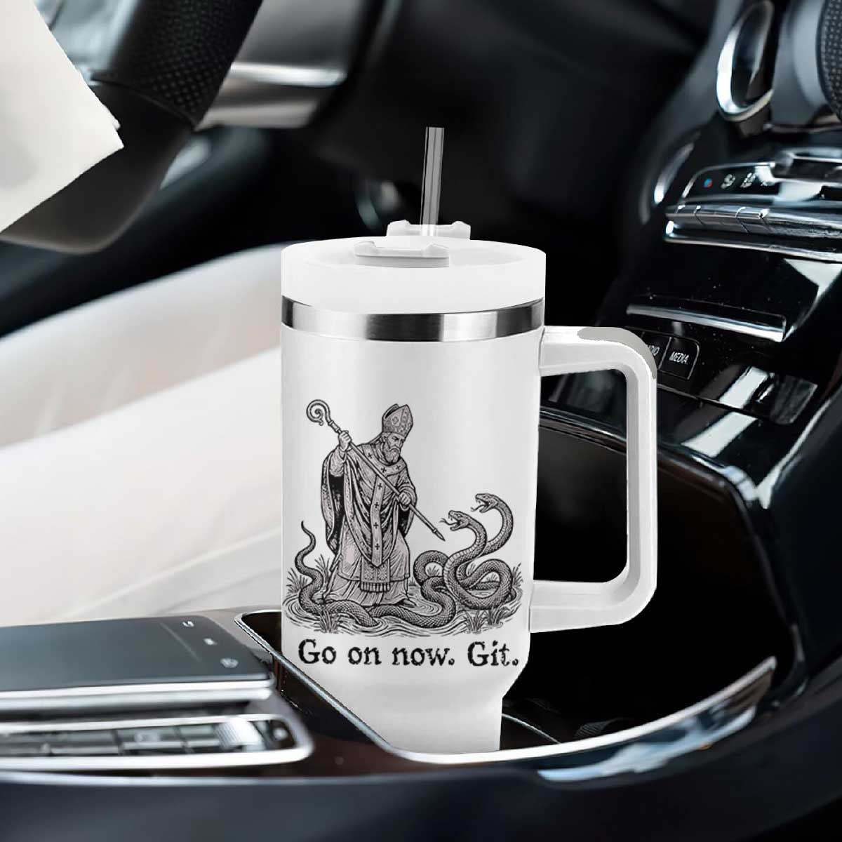 Go On Now Git Funny Saint Patrick Banishing Snakes Tumbler With Handle Irish History Humor St Patricks Day TS02 Print Your Wear