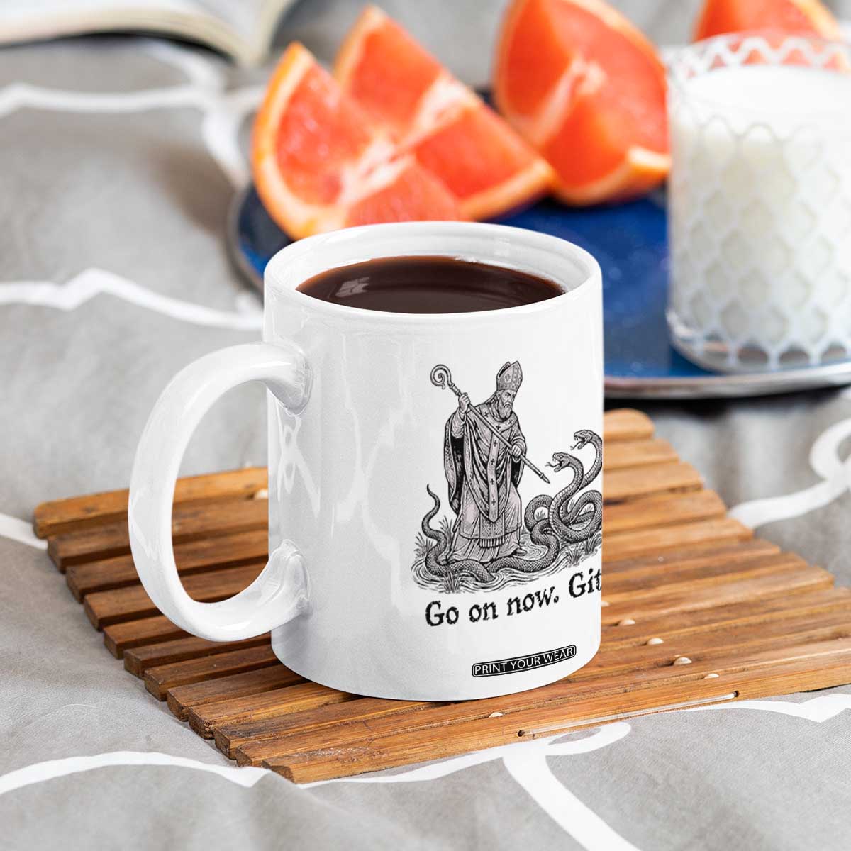 Go On Now Git Funny Saint Patrick Banishing Snakes Coffee Mug Irish History Humor St Patricks Day TS02 Print Your Wear