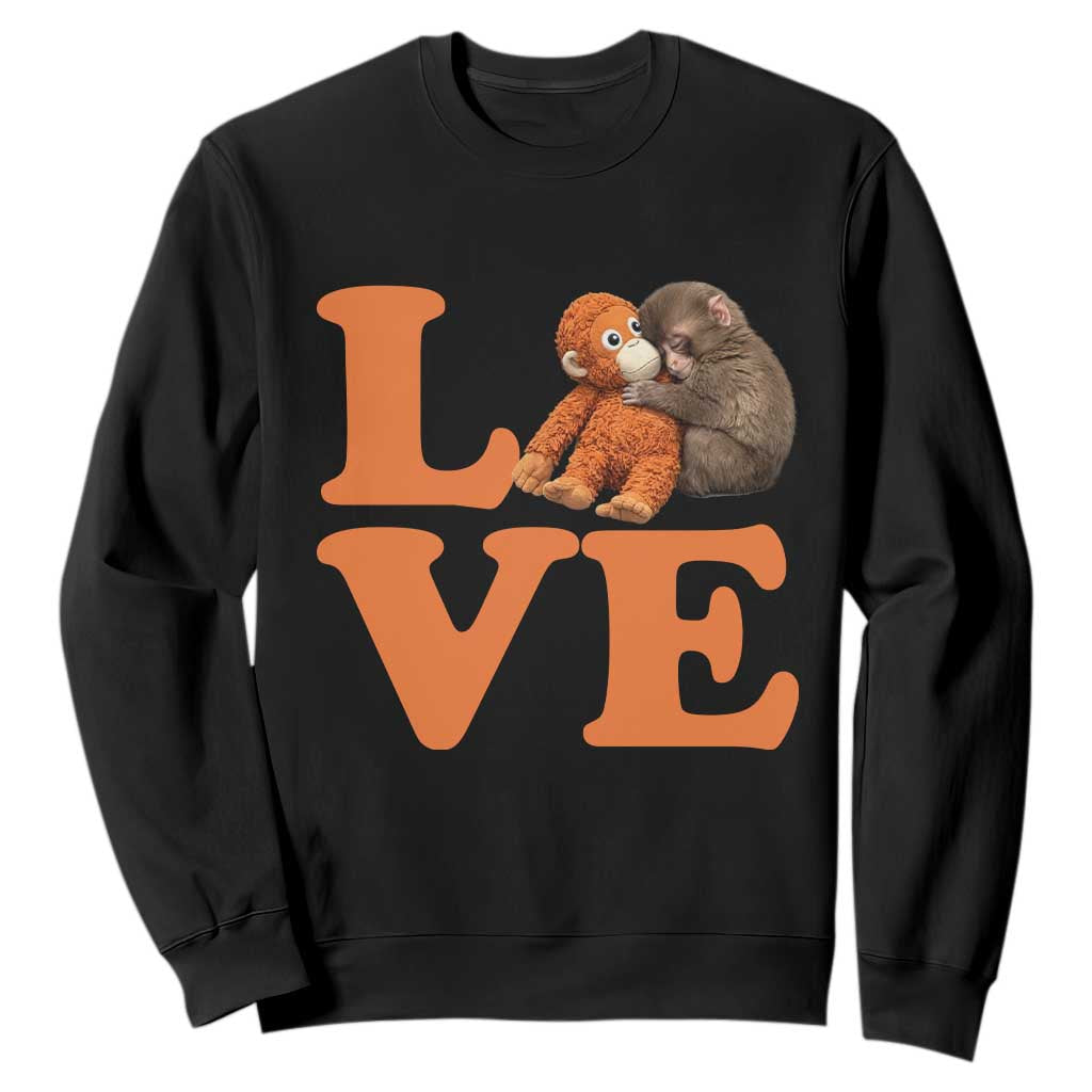 Love Punch the Baby Monkey Sweatshirt Cute Hugging Plush Toy Viral Friendship TS02 Black Print Your Wear