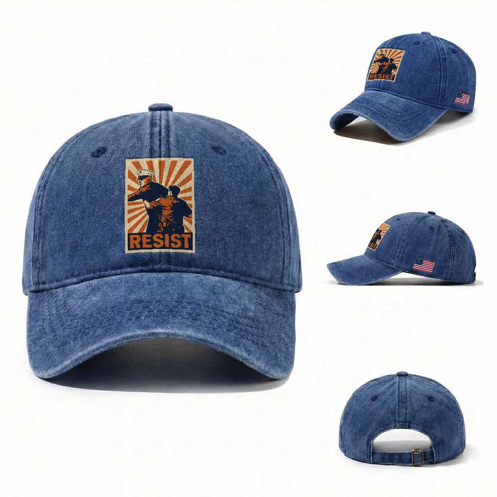 Resist Marine Veteran Political Protest Washed Cotton Baseball Cap America First Anti War TS02 Washed Cap Universal Fit Royal Blue Print Your Wear
