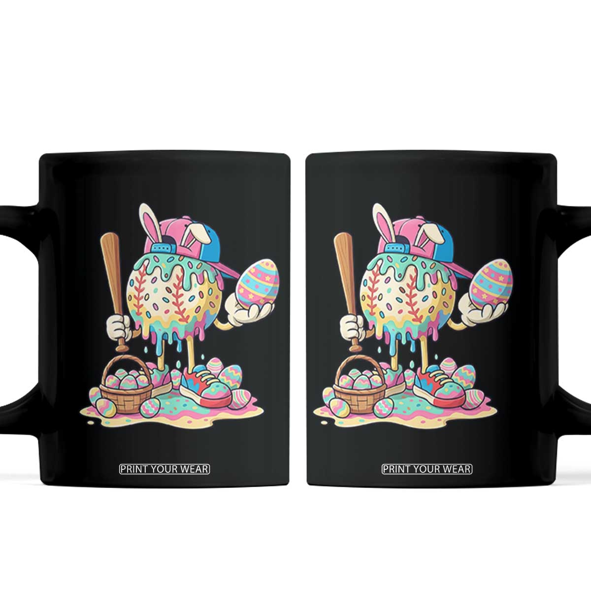 Funny Baseball Easter Bunny Graphic Coffee Mug Colorful Drip Egg Hunt Sports Mashup TS02 Black Print Your Wear