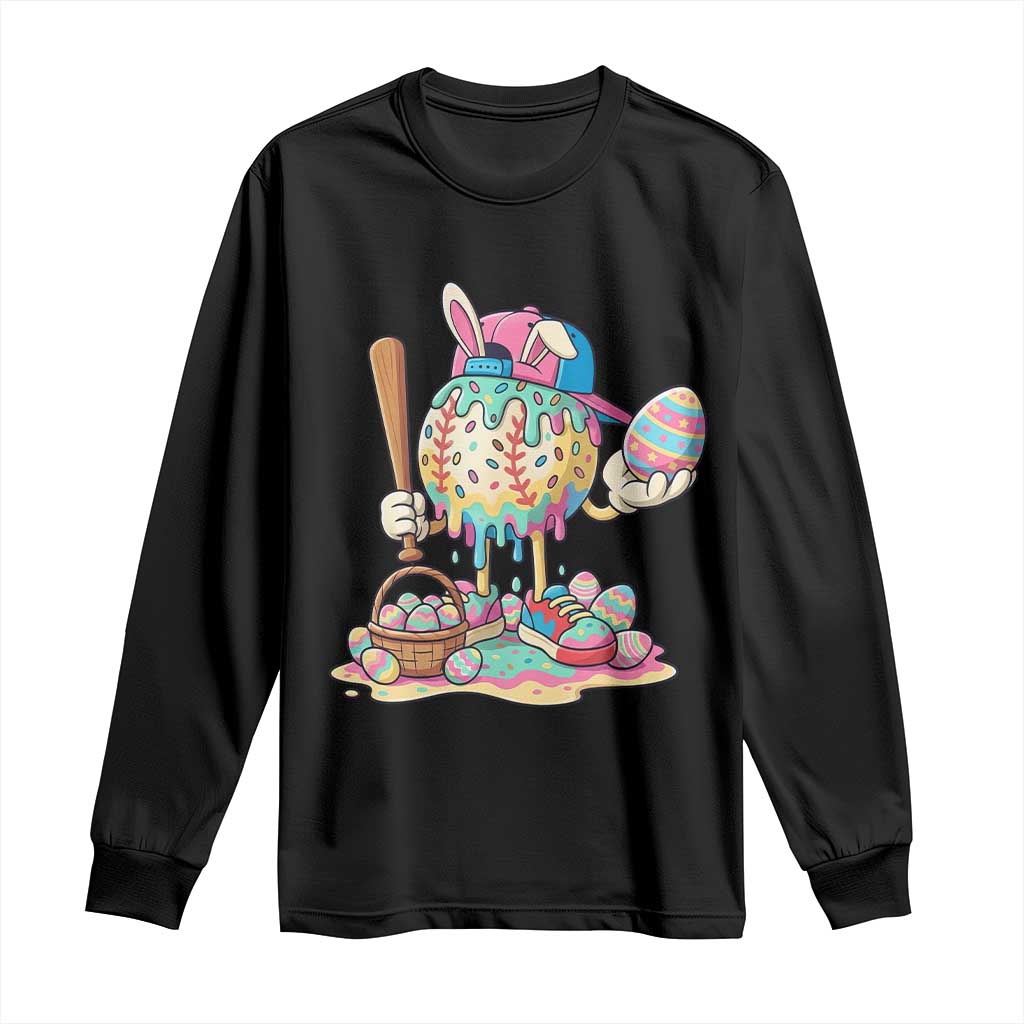 Funny Baseball Easter Bunny Graphic Long Sleeve Shirt Colorful Drip Egg Hunt Sports Mashup TS02 Black Print Your Wear