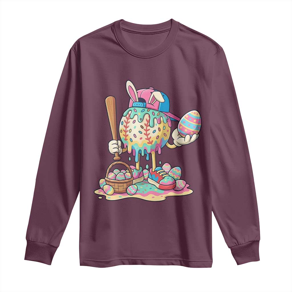 Funny Baseball Easter Bunny Graphic Long Sleeve Shirt Colorful Drip Egg Hunt Sports Mashup TS02 Maroon Print Your Wear