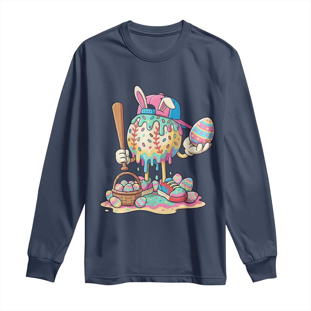 Funny Baseball Easter Bunny Graphic Long Sleeve Shirt Colorful Drip Egg Hunt Sports Mashup TS02 Navy Print Your Wear