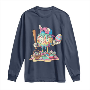 Funny Baseball Easter Bunny Graphic Long Sleeve Shirt Colorful Drip Egg Hunt Sports Mashup TS02 Navy Print Your Wear