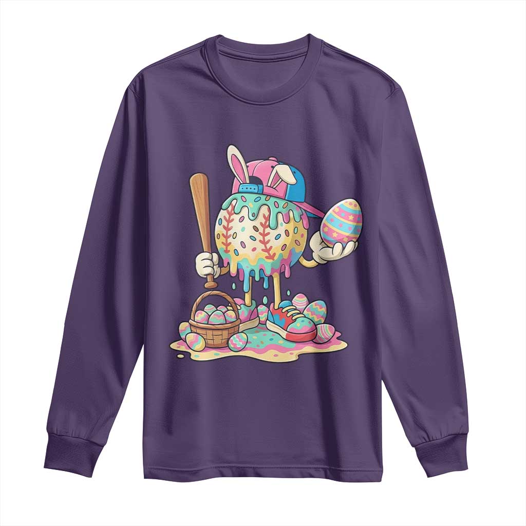 Funny Baseball Easter Bunny Graphic Long Sleeve Shirt Colorful Drip Egg Hunt Sports Mashup TS02 Purple Print Your Wear