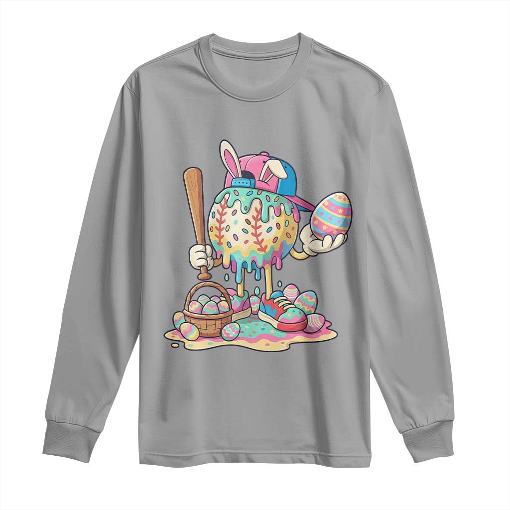 Funny Baseball Easter Bunny Graphic Long Sleeve Shirt Colorful Drip Egg Hunt Sports Mashup TS02 Sport Gray Print Your Wear