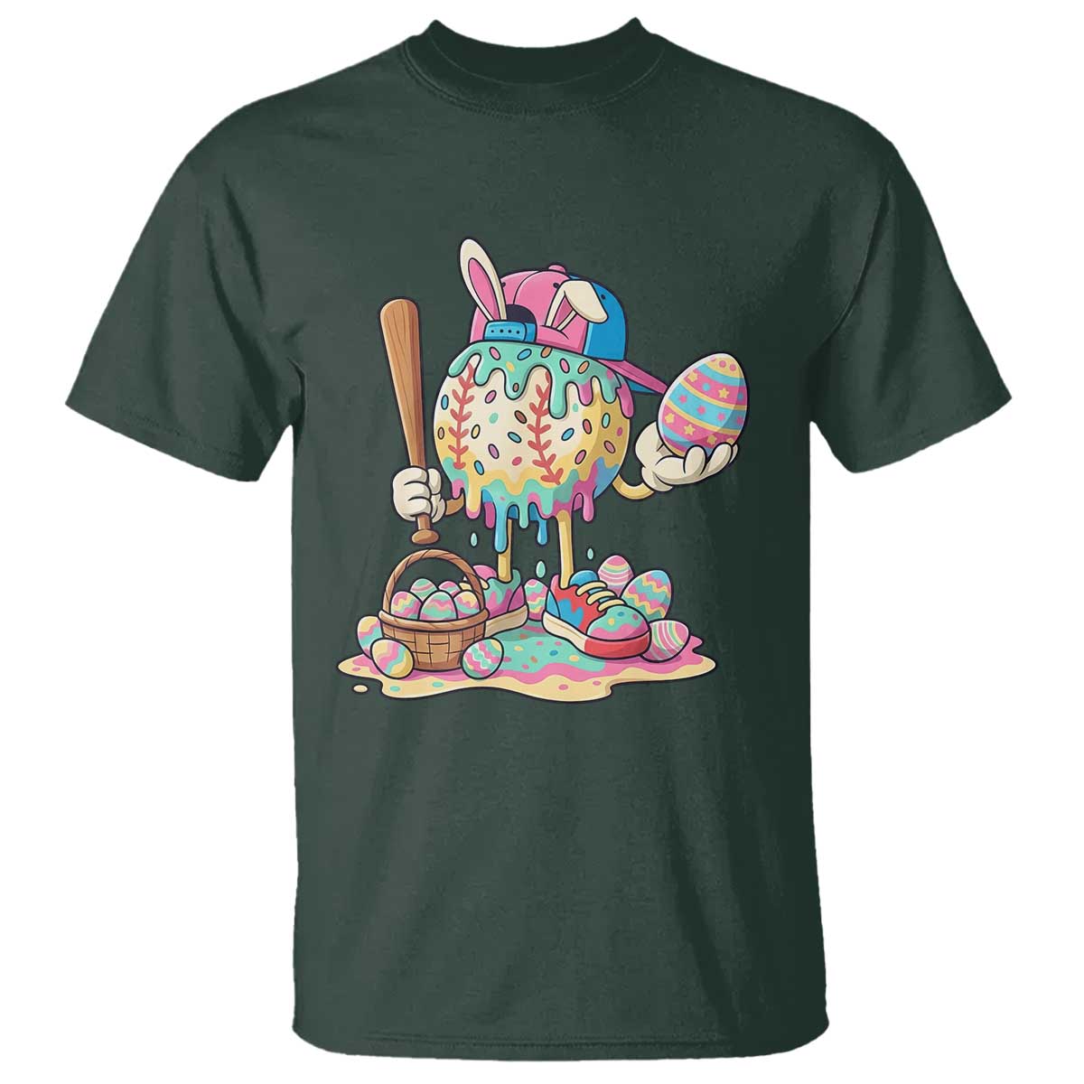 Funny Baseball Easter Bunny Graphic T Shirt Colorful Drip Egg Hunt Sports Mashup TS02 Dark Forest Green Print Your Wear