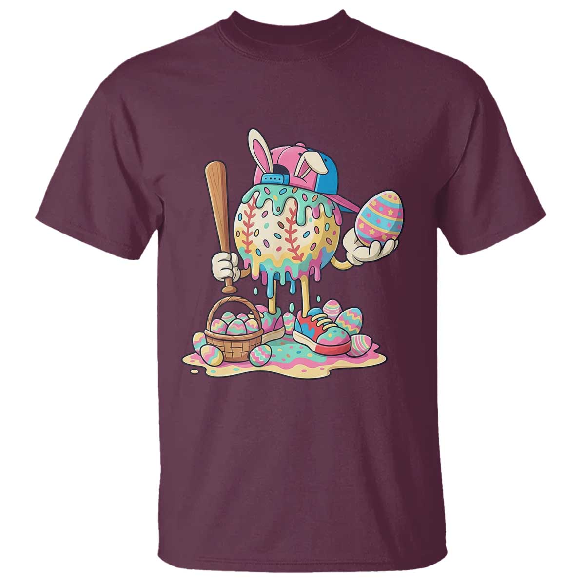 Funny Baseball Easter Bunny Graphic T Shirt Colorful Drip Egg Hunt Sports Mashup TS02 Maroon Print Your Wear