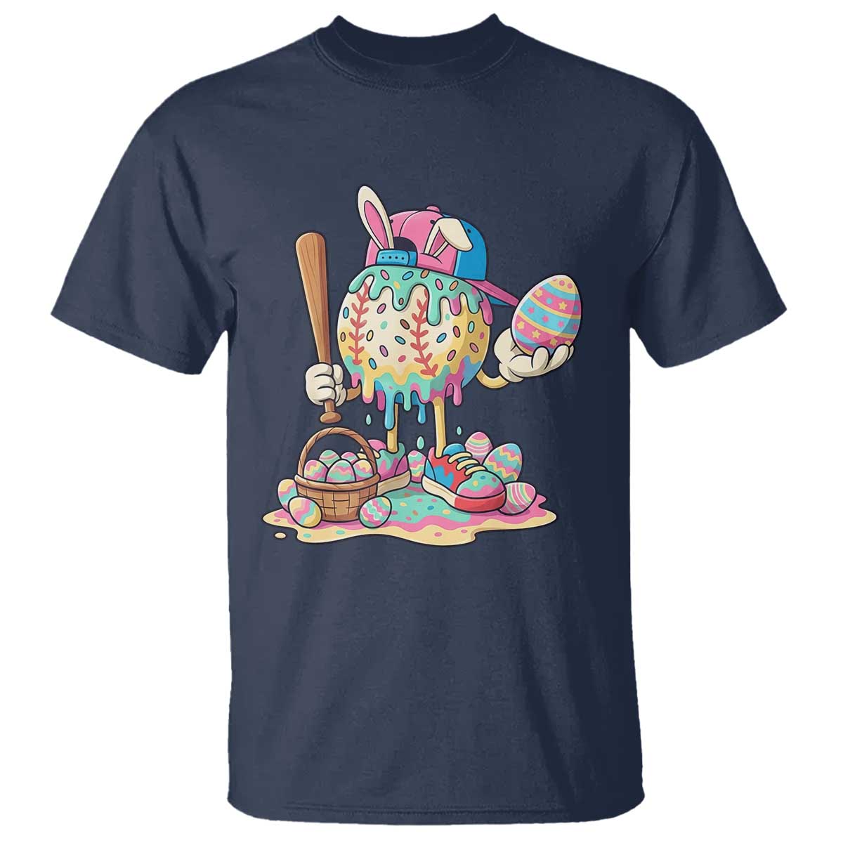 Funny Baseball Easter Bunny Graphic T Shirt Colorful Drip Egg Hunt Sports Mashup TS02 Navy Print Your Wear