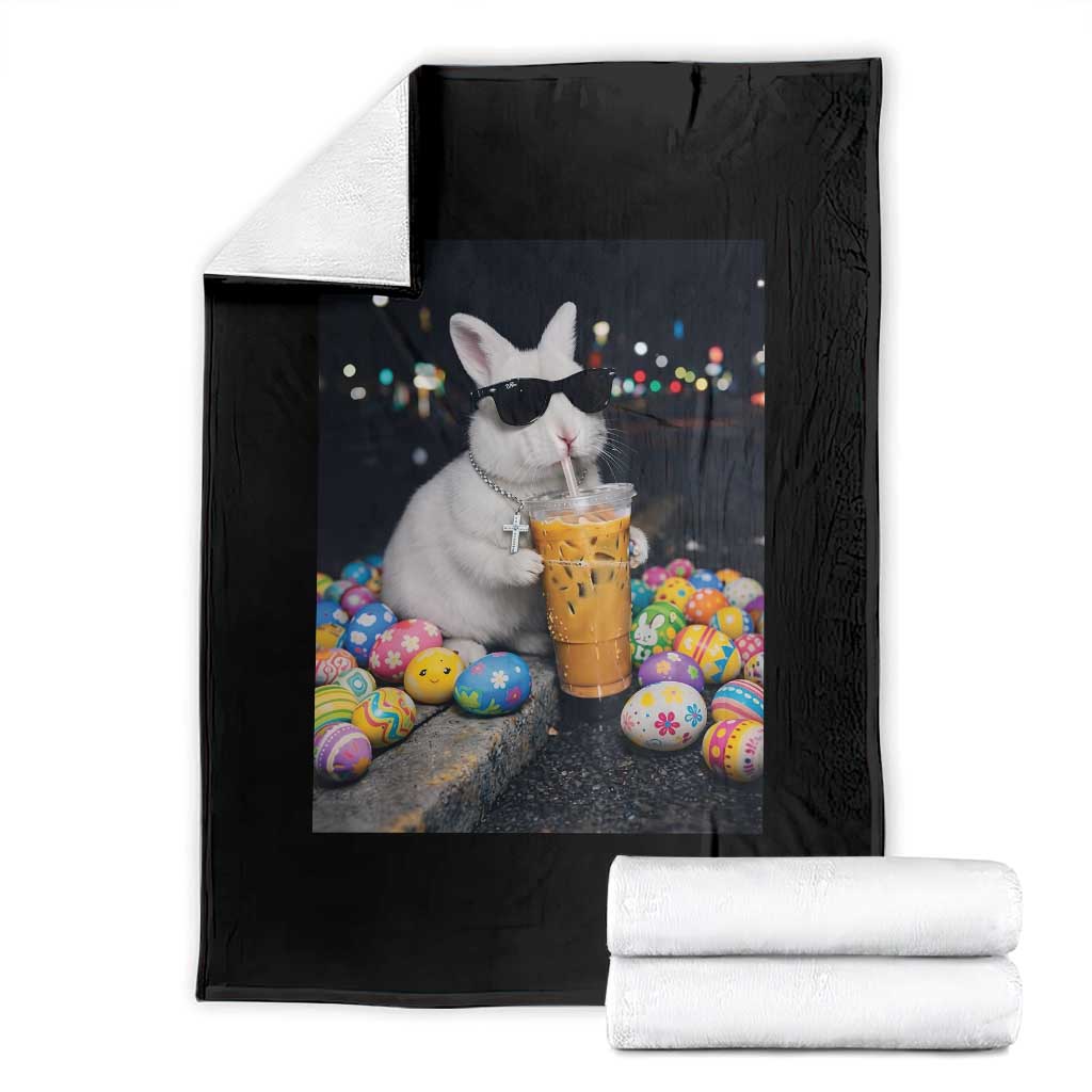 Cool Easter Bunny Drinking Iced Coffee Graphic Throw Blanket Funny Sunglasses Rabbit Spring Aesthetic TS02 Black Print Your Wear