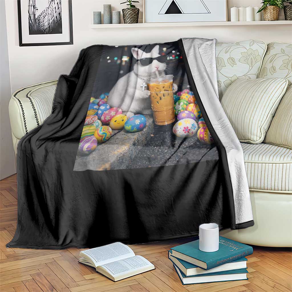 Cool Easter Bunny Drinking Iced Coffee Graphic Throw Blanket Funny Sunglasses Rabbit Spring Aesthetic TS02 Print Your Wear