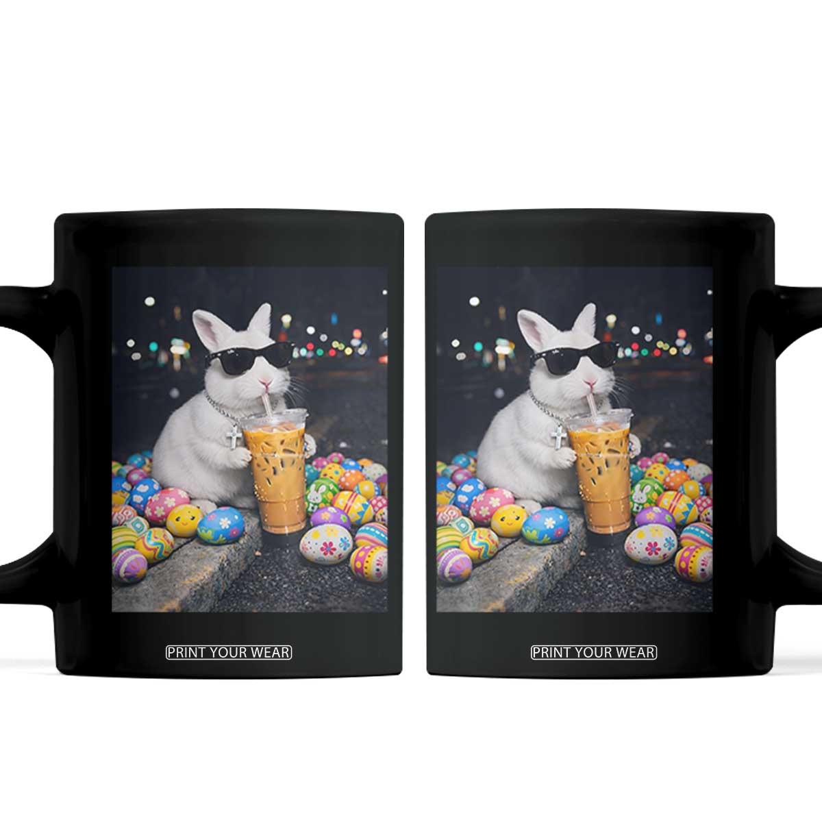 Cool Easter Bunny Drinking Iced Coffee Graphic Coffee Mug Funny Sunglasses Rabbit Spring Aesthetic TS02 Black Print Your Wear