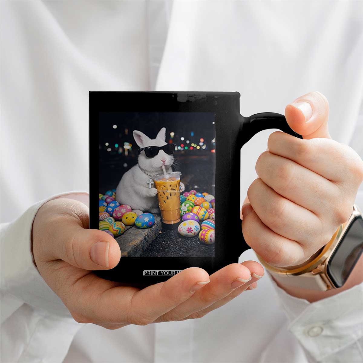 Cool Easter Bunny Drinking Iced Coffee Graphic Coffee Mug Funny Sunglasses Rabbit Spring Aesthetic TS02 Print Your Wear