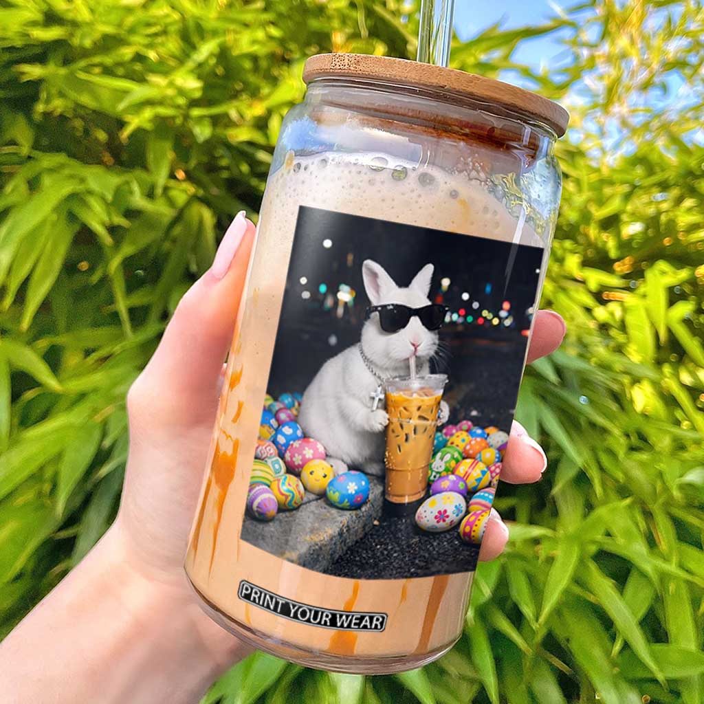 Cool Easter Bunny Drinking Iced Coffee Graphic Glass Can Funny Sunglasses Rabbit Spring Aesthetic TS02 Black Print Your Wear