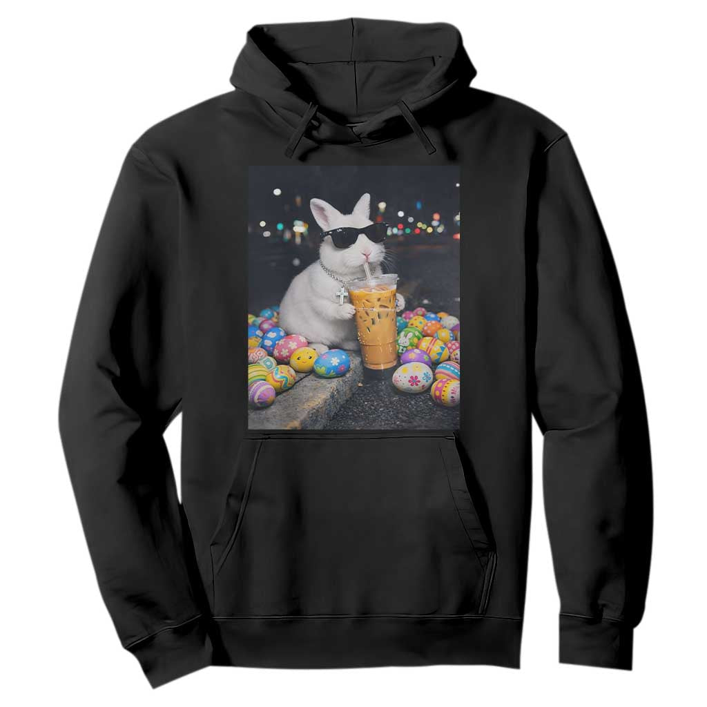 Cool Easter Bunny Drinking Iced Coffee Graphic Hoodie Funny Sunglasses Rabbit Spring Aesthetic TS02 Black Print Your Wear