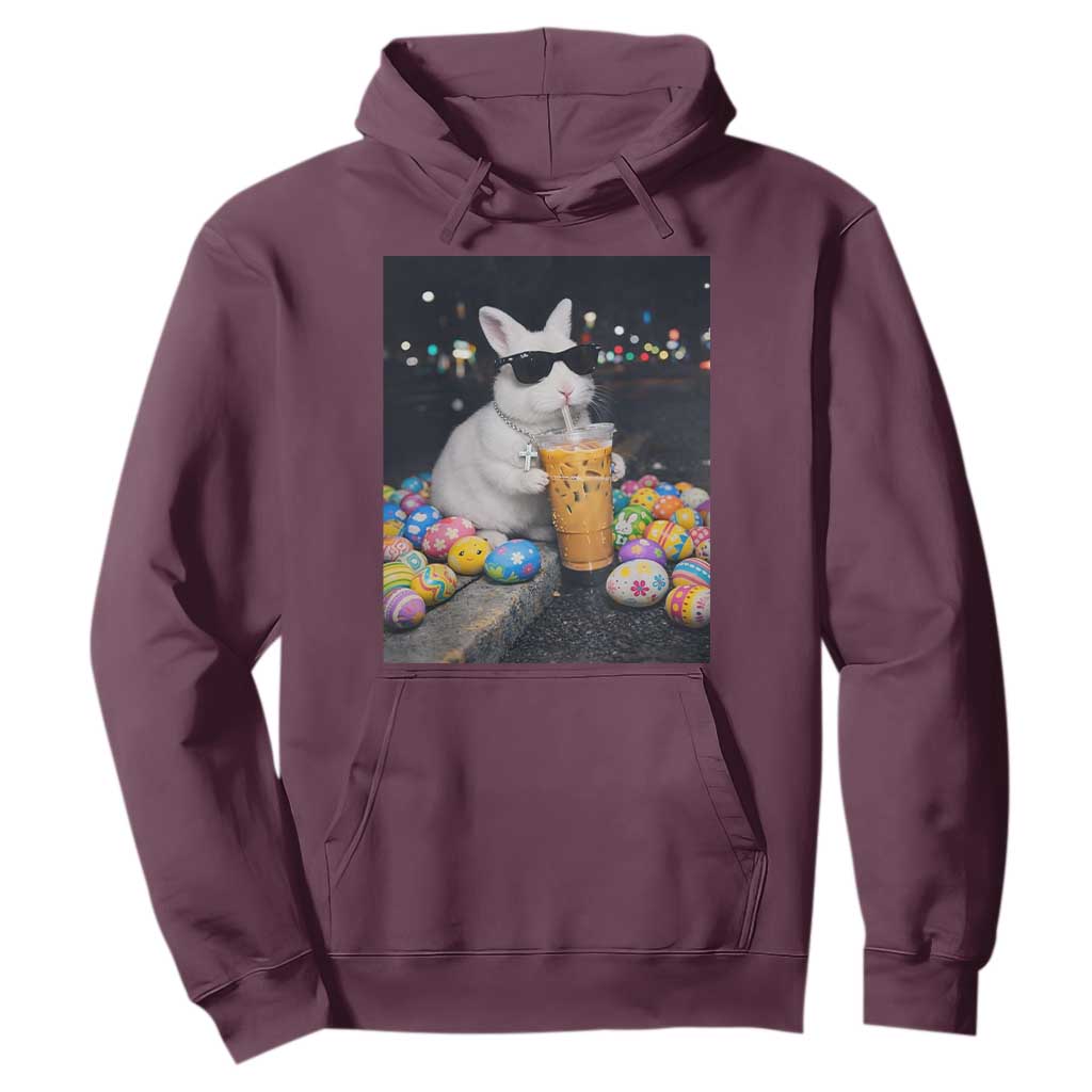 Cool Easter Bunny Drinking Iced Coffee Graphic Hoodie Funny Sunglasses Rabbit Spring Aesthetic TS02 Maroon Print Your Wear