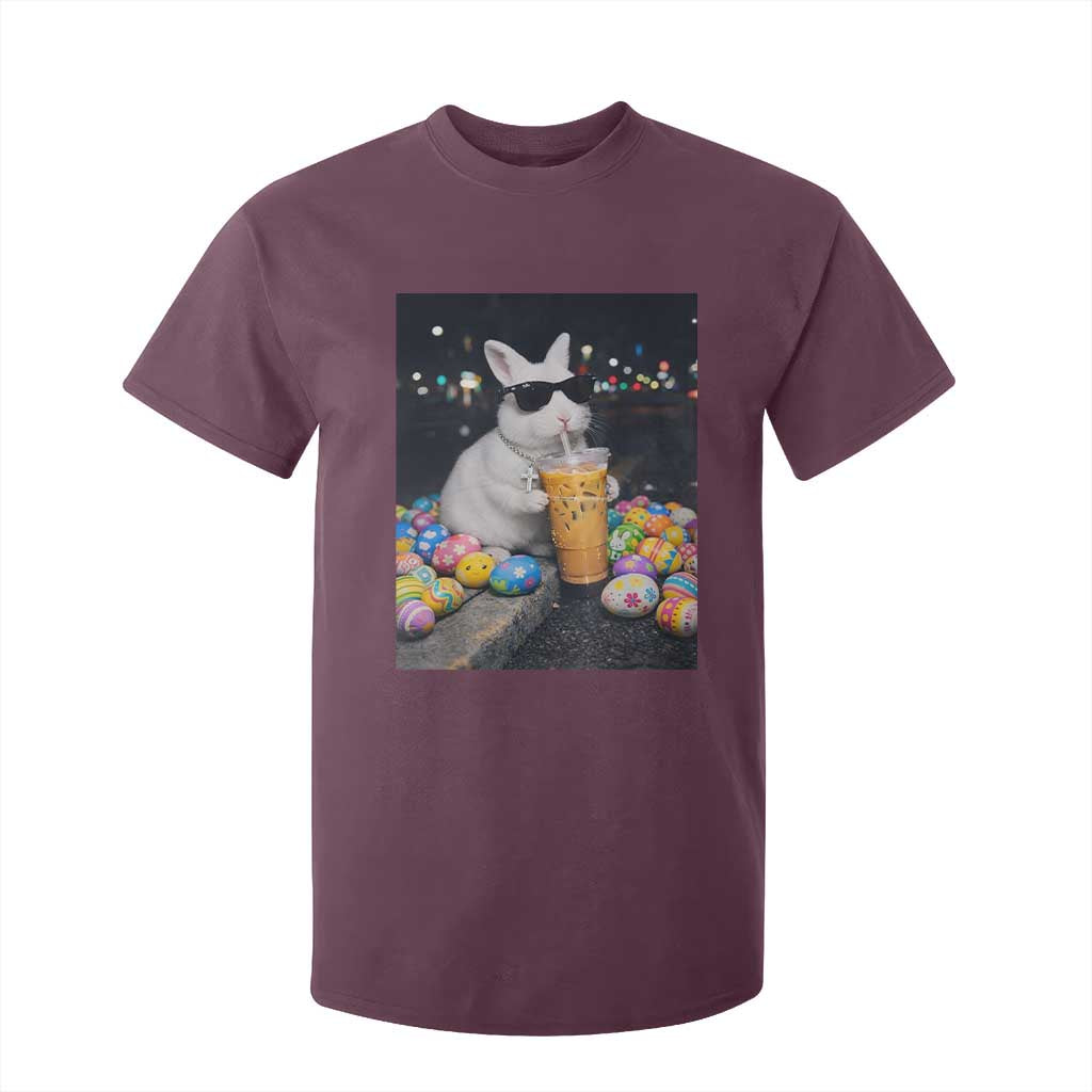 Cool Easter Bunny Drinking Iced Coffee Graphic T Shirt For Kid Funny Sunglasses Rabbit Spring Aesthetic TS02 Maroon Print Your Wear