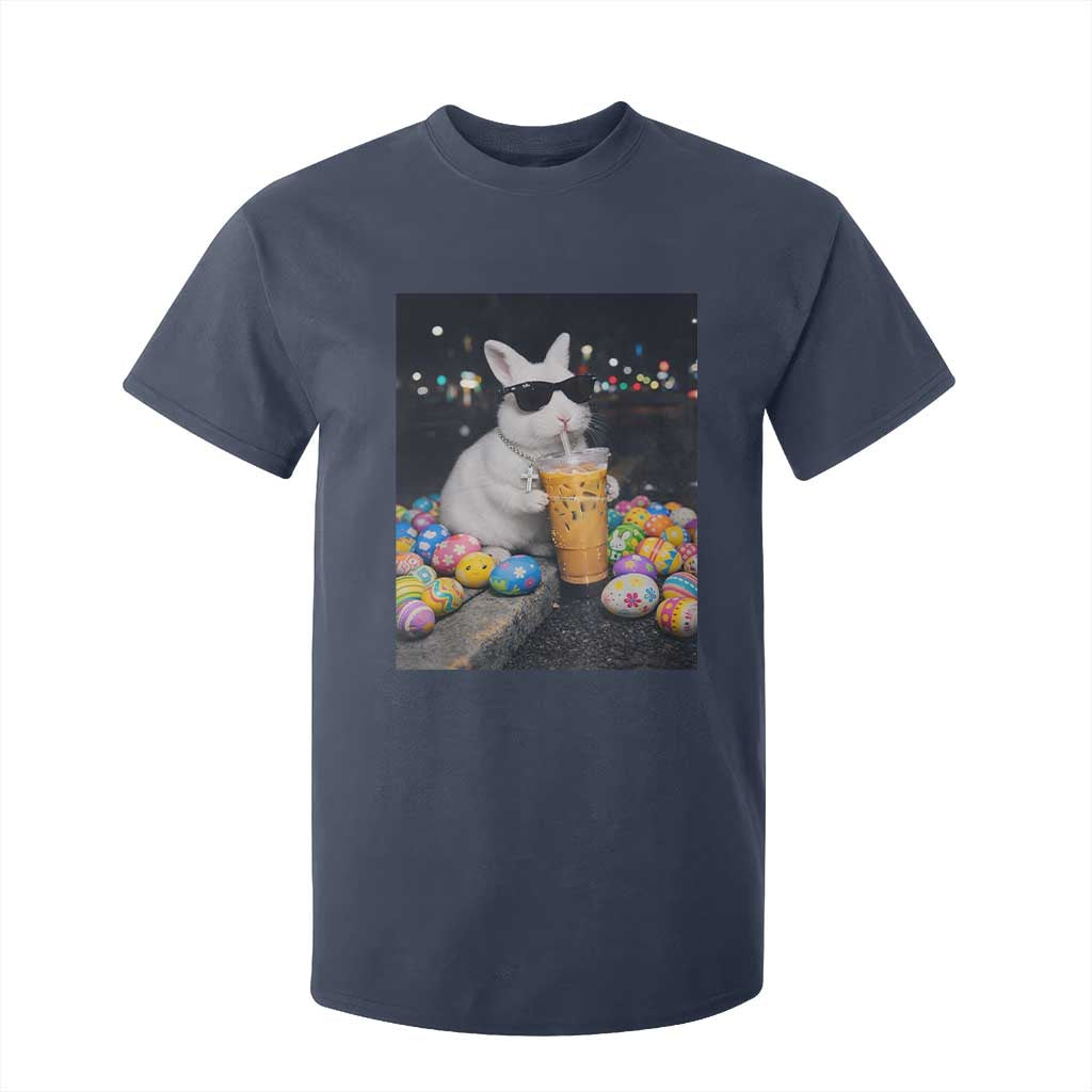 Cool Easter Bunny Drinking Iced Coffee Graphic T Shirt For Kid Funny Sunglasses Rabbit Spring Aesthetic TS02 Navy Print Your Wear