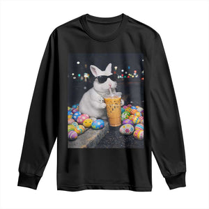 Cool Easter Bunny Drinking Iced Coffee Graphic Long Sleeve Shirt Funny Sunglasses Rabbit Spring Aesthetic TS02 Black Print Your Wear