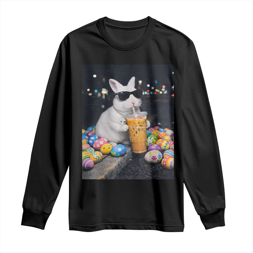 Cool Easter Bunny Drinking Iced Coffee Graphic Long Sleeve Shirt Funny Sunglasses Rabbit Spring Aesthetic TS02 Black Print Your Wear