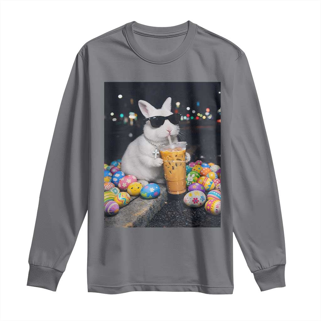 Cool Easter Bunny Drinking Iced Coffee Graphic Long Sleeve Shirt Funny Sunglasses Rabbit Spring Aesthetic TS02 Charcoal Print Your Wear